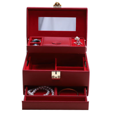 Máy tổ chức đồ trang sức da PU có dung lượng lớn màu đỏ với gương cho du lịch