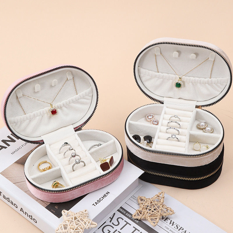 Oval Multiple Cell Soft Velvet Jewelry Travel Zipper Organizer cho vòng đeo cổ
